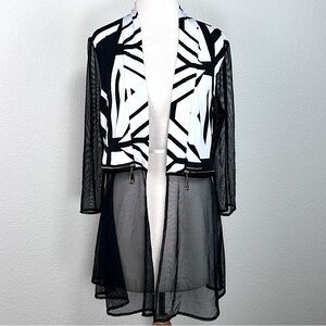 Frank Lyman Design Open Front‎ Cardigan Mesh Panels Zippers Black White Sz 10